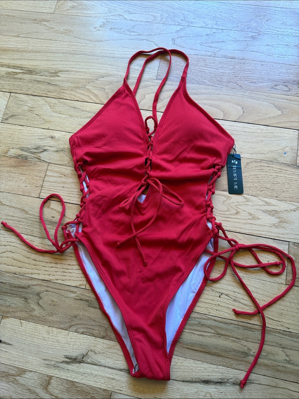 Tempt Me Red Ribbed Lace-Up One-Piece Swimsuit